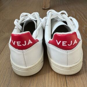 Veja White Leather Sneakers with Red Heel Panel